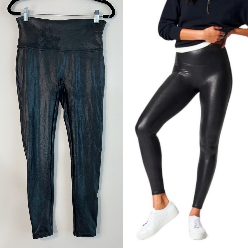 SPANX Metallic Shimmer Liquid Leggings Black Size Large Stretch Slimming Shape